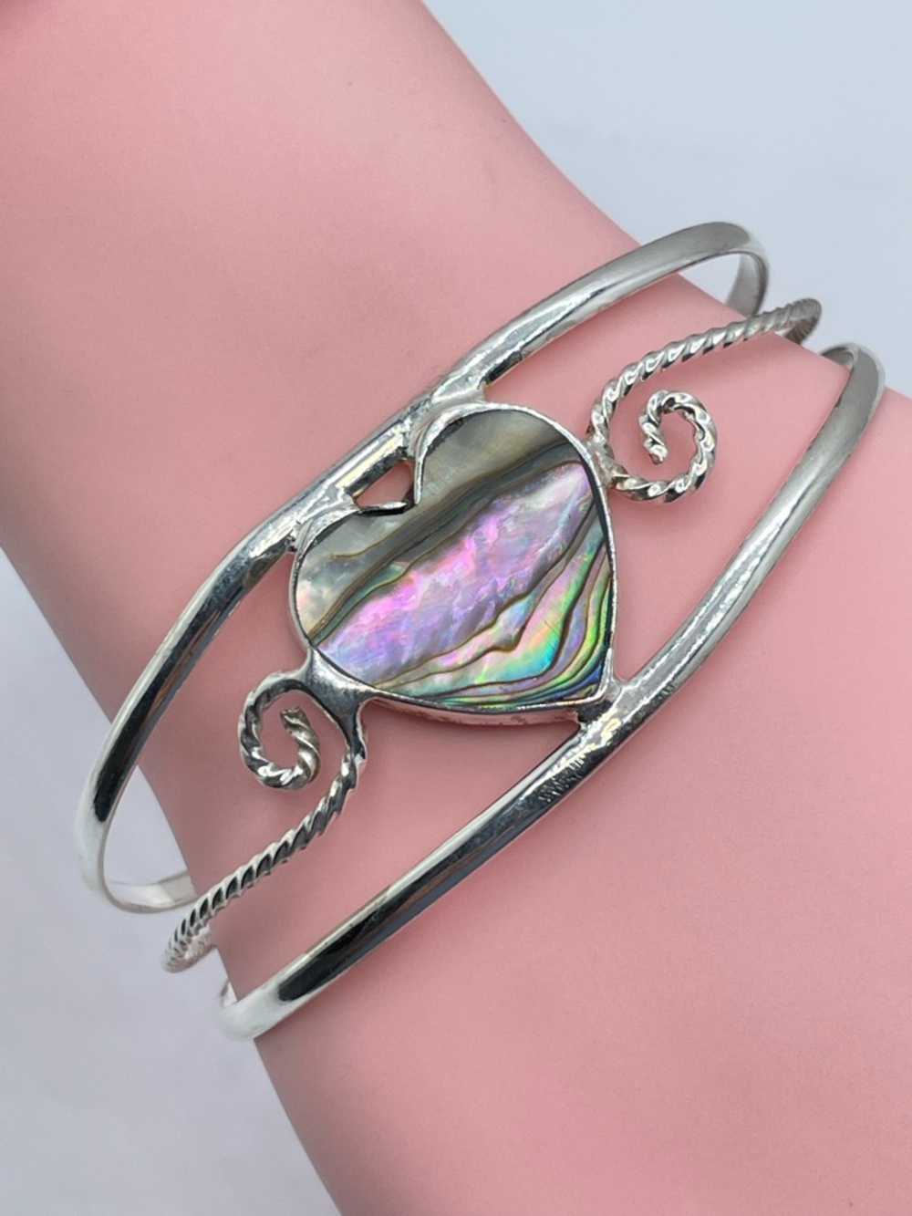 Vintage Mexico Abalone Heart Cuff Bracelet Silver Boho Southwestern